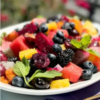Exotic Fruit Salad with Honey Lime Dressing.