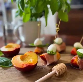 Honey, Peach, Prosciutto & Mozzarella Skewers.